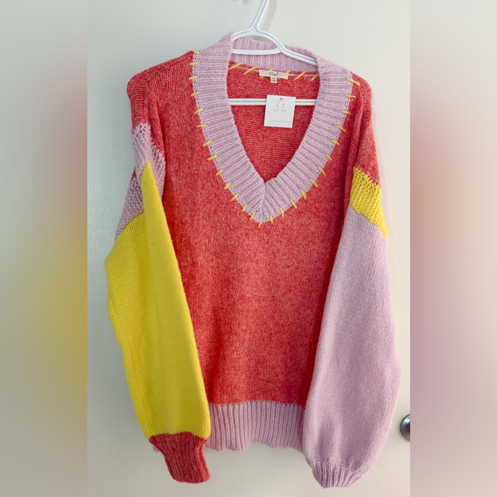 Easel Red, Yellow, and Purple V-Neck Sweater